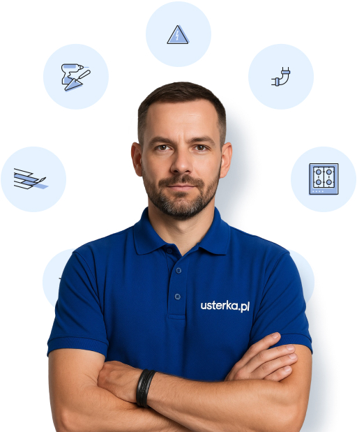 Fachowiec usterka.pl w firmowej koszulce polo, wokół ikony specjalizacji: elektryka, hydraulika, AGD